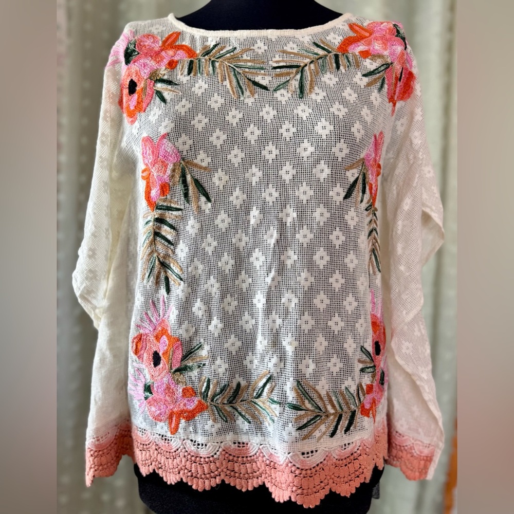 Anthropologie Floral Embroidered Lace White and Pink Women's Top